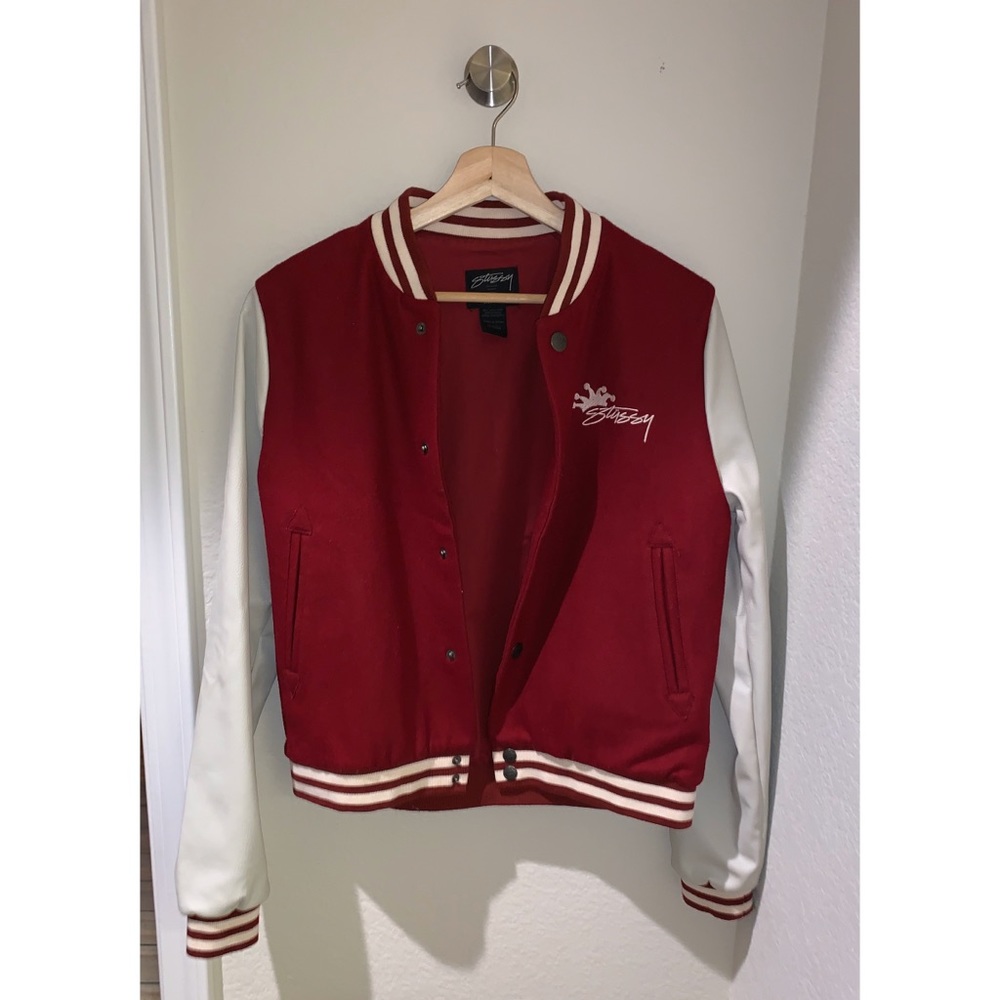 Stussy, Red and White Bomber/Varsity Jacket